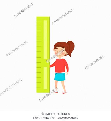 Little girl holding giant ruler, preschool activities and early childhood education cartoon vector Illustration isolated on a white background