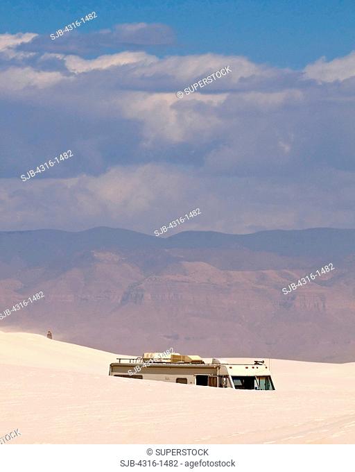 A Recreation Vehicle Immersed in Gypsum Dunes of White Sands National Monument