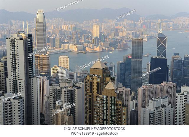 Hong Kong, China, Asia - A panoramic view of Hong Kong, Victoria Harbour and Kowloon from Victoria Peak