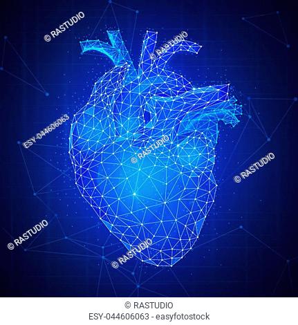 Polygonal anatomic human's heart 3d with aorta and veins on peer to peer blockchain network technology background representing life and health care concept