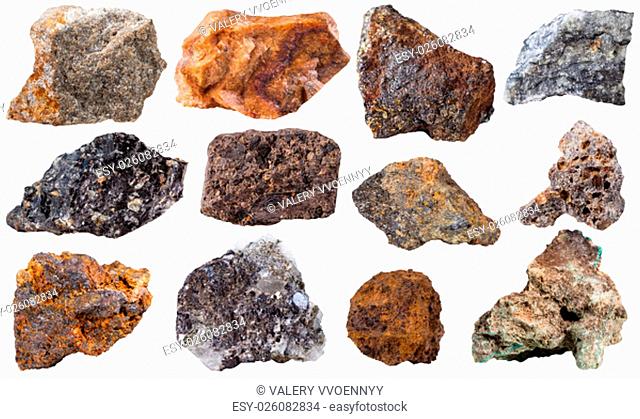 macro shooting of specimen natural rock - set from 12 pieces mineral stones isolated on white background