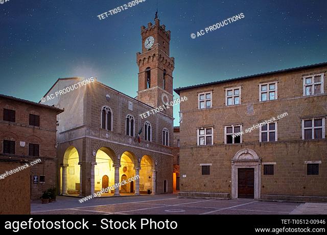 Italy, Tuscany, Val D'Orcia, Pienza, Municipal palace illuminated at night