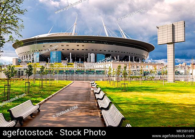Saint Petersburg, Russia - August 8, 2018: Saint Petersburg Arena football stadium on Krestovsky island. Outdoor view of new modern soccer stadium Zenith arena