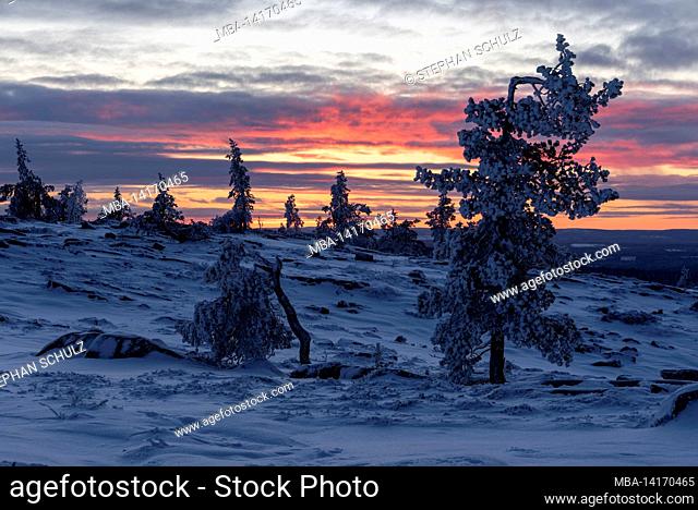 sunset, särkitunturi, mountain near muonio, lapland, finland