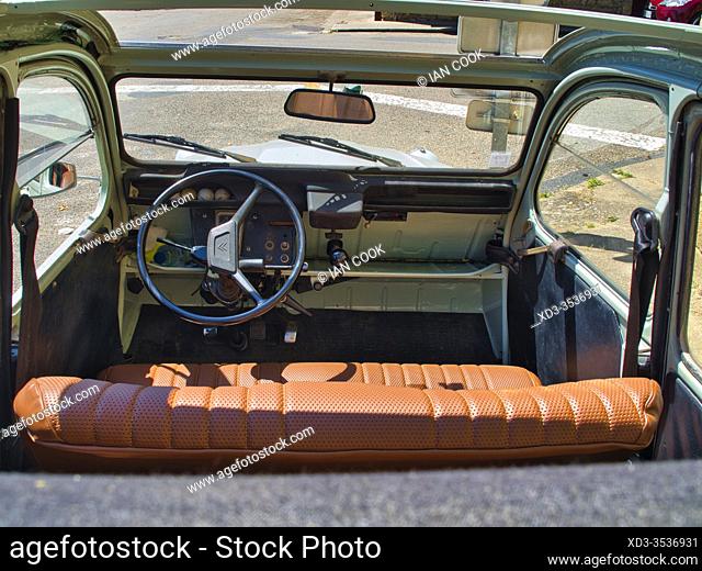 interior of classic Citroen 2CV car, Domme, Dordogne Department, Nouvelle Aquitaine, France
