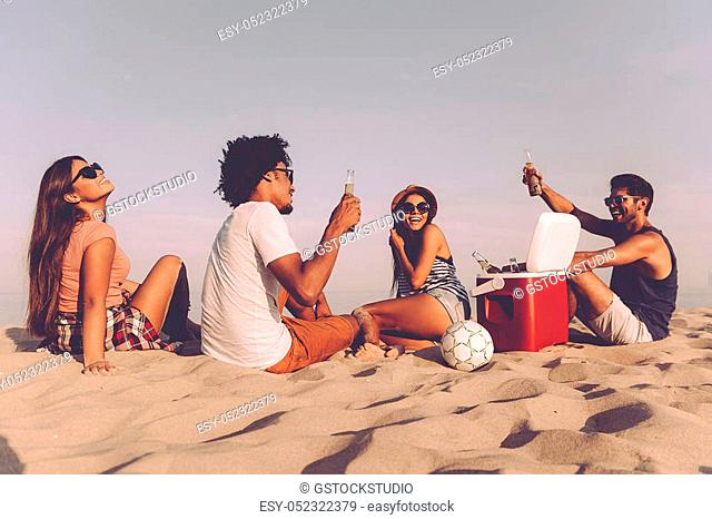 Spending nice time with friends. Rear view of four cheerful young people spending nice time together while sitting on the beach and drinking beer