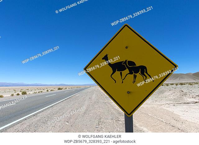 A vicuna crossing sign along Highway 52 near Susques in the Andes Mountains, Jujuy Province, Argentina