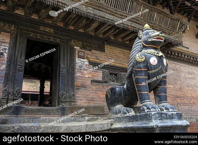 Patan, Nepal - October 2021: Detail of the entrance of the Buddhist Monastery I Baha Bahi in Patan on October 3, 2021 in Kathmandu Valley, Nepal