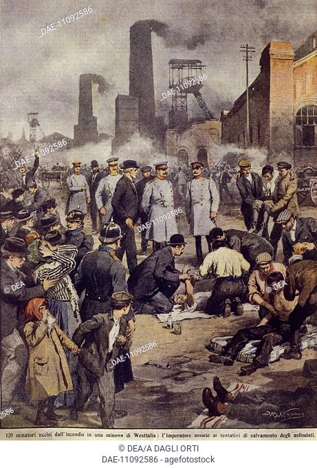 Germany, 20th century - Miners killed by fire broken out in a mine in Westphalia. Cover illustration from La Domenica del Corriere