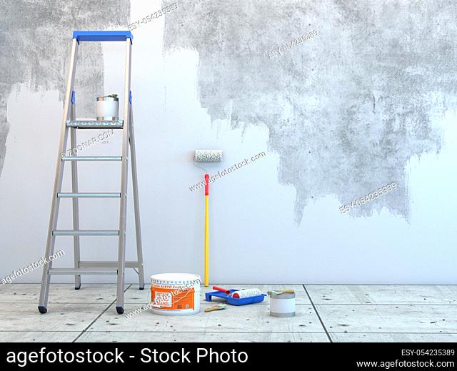 3D rendering of the wall in the process of painting