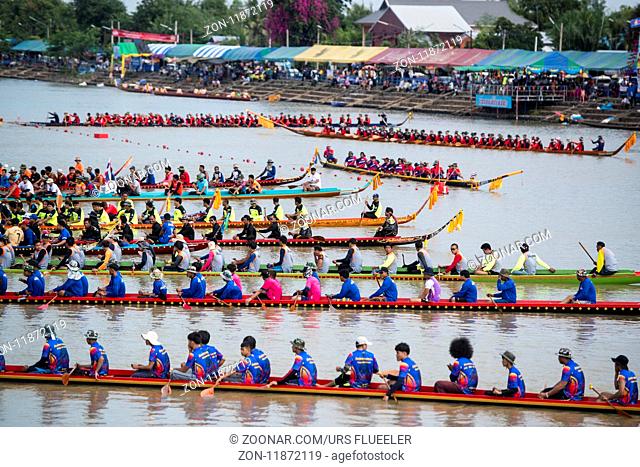 The traditional Longboat Race at the Khlong Chakarai River in the Town of Phimai in the Provinz Nakhon Ratchasima in Isan in Thailand