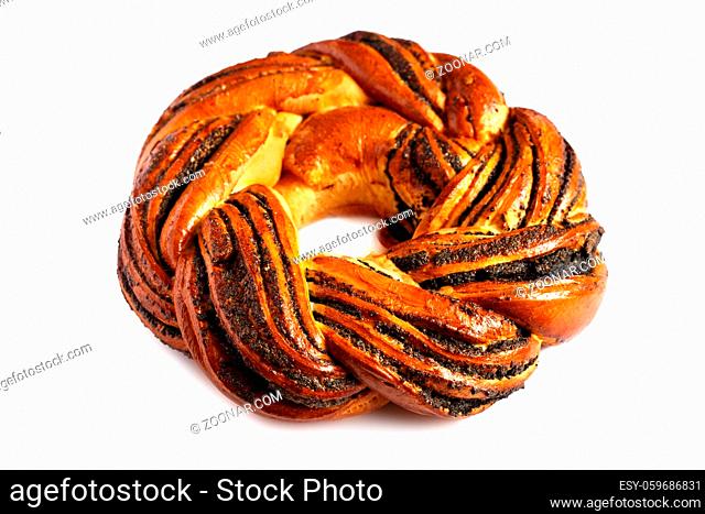 Sweet Bread Wreath isolated on white background. Honey brioche garland with dried berries and nuts. Holiday recipes. Braided Bread