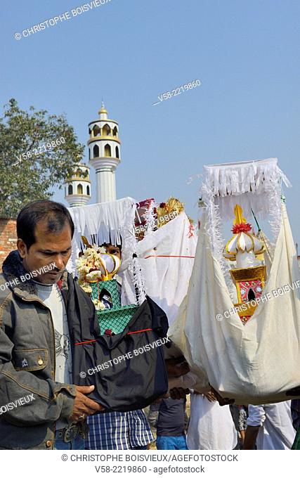 India, Uttar Pradesh, Lucknow, Imambara Puttan Sahib Karbala, Ashura festival, Shia devotee carrying Tazias, replicas of Imam Hussain's tomb