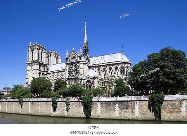 Europe, France, Paris, Notre Dame, Cathedral, Notre Dame de Paris, River Seine, Seine River, River, Rivers, Embankment, Riverside, Riverbank, Cathedral