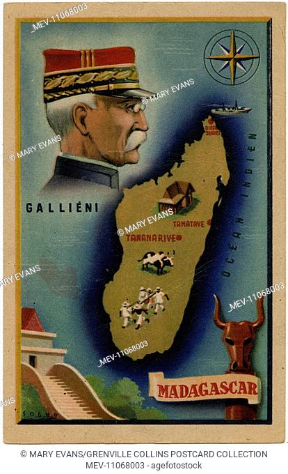 Map of the (then) French Overseas Territory, the island of Madagascar in the Indian Ocean - with inset portrait of Joseph Simon Gallieni (1849-1916)