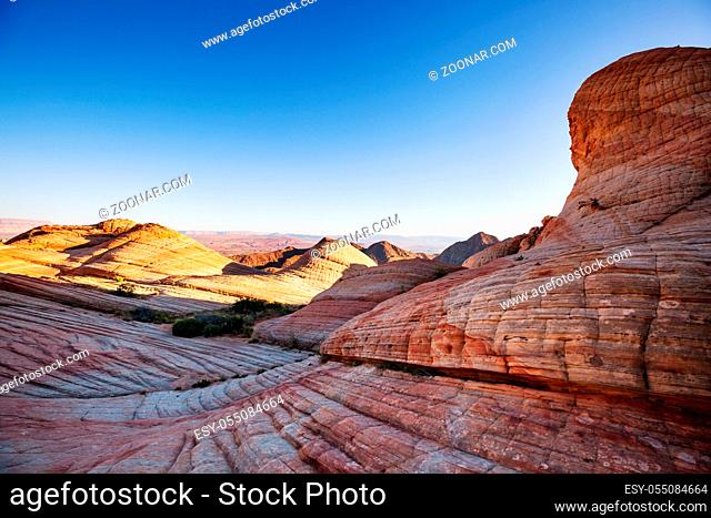 Sandstone formations in Utah, USA. Beautiful Unusual landscapes. Living coral color toning