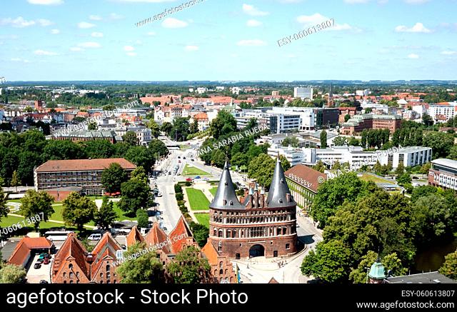 LUBECK, GERMANY - View from the Petri church tower over the salt houses and the city gate