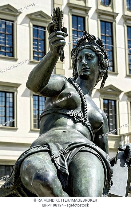 Fountain figure of the water goddess of the river Wertach, Augustus Fountain, Rathausplatz square, Augsburg, Swabia, Bavaria, Germany