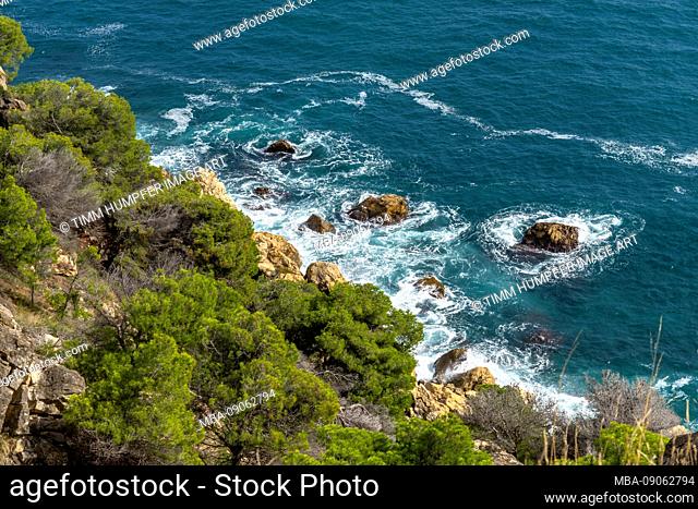 Europe, Spain, Catalonia, Costa Brava, looking down on the surf on the Costa Brava between Cadaqués and Roses