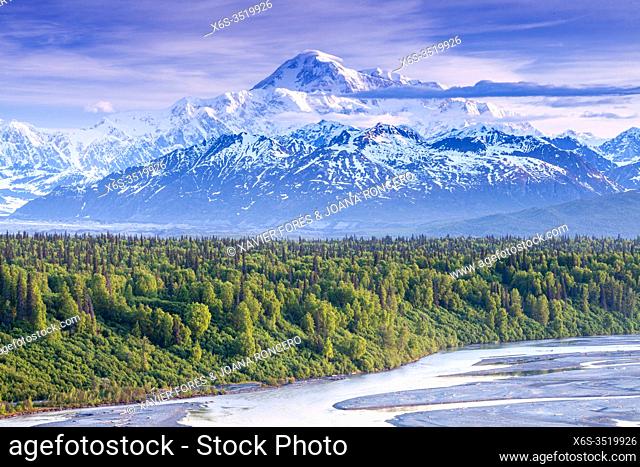View of McKinley or Denali mount behind Chulitna river from Parks Highway, Alaska, U. S. A