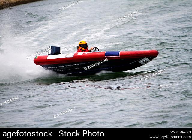 Close view of a power boat race in the pier of Portimao city, Algarve, Portugal