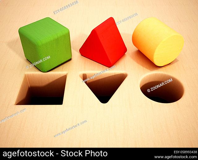 Cube, prism and cylinder wooden blocks in front of holes. 3D illustration