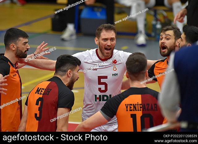 Volleyball players of Galatasaray Istanbul score during the Men's CEV Volleyball Cup match CK CEZ Karlovarsko vs Galatasaray HDI Istanbul