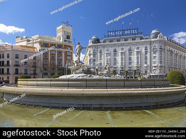 View of the Neptune Fountain in Plaza Canovas del Castillo, Madrid, Spain, Europe