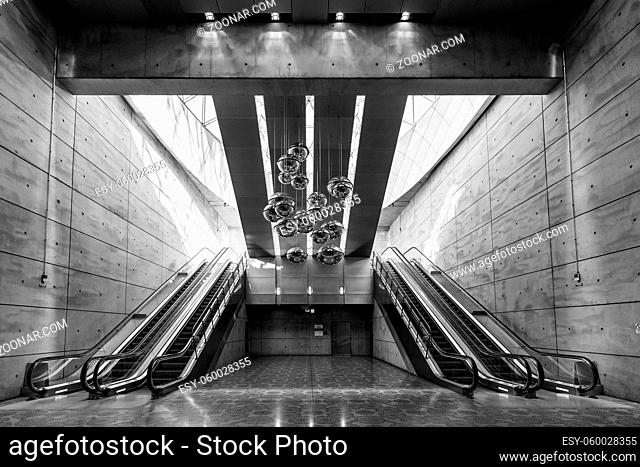 Malmo, Sweden - April 20, 2019: Interior view of Triangeln Station in black and white