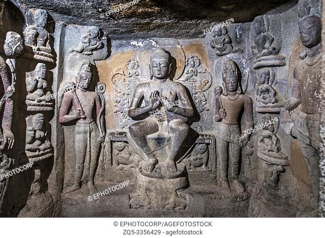 Cave 23, Front wall Buddha panel showing Buddha in dharmachakra pravartana mudra, Nasik, Maharashtra