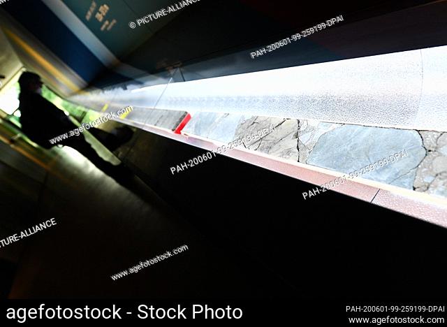 28 May 2020, Hessen, Messel: A 24 metre long drill core from the Messel pit, which shows the soil layers from millions of years ago