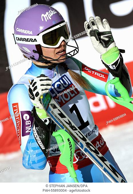 Tina Maze of Slovenia reacts after the first run of the womens slalom at the Alpine Skiing World Championships in Vail - Beaver Creek, Colorado, USA