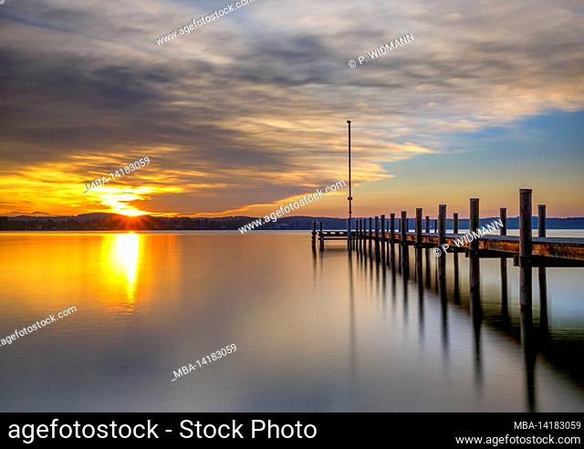 Sunset at Lake Starnberg, Fünfseenland, Upper Bavaria, Bavaria, Germany, Europe