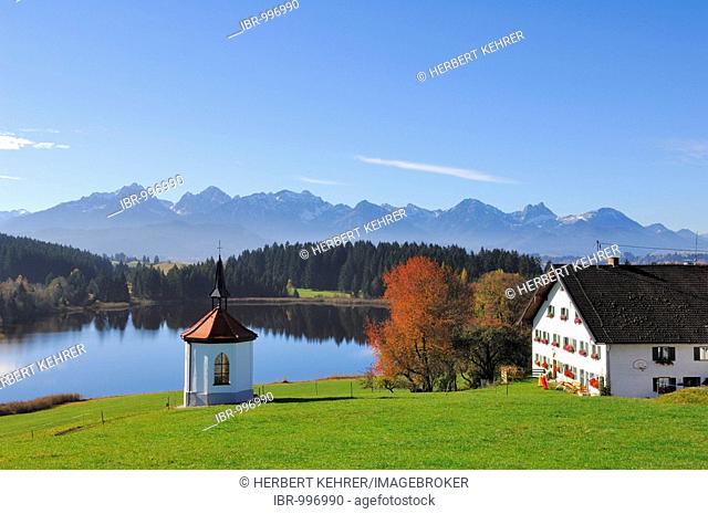 Chapel at Hegratsrieder See, lake, near Buching, Allgaeu, Bavaria, Germany, Europe