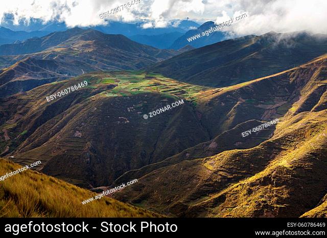 Agricultural Fields in green mountains in the Peru, South America
