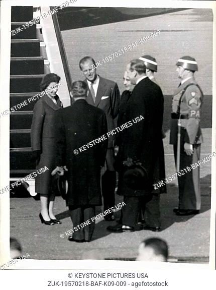 Feb. 18, 1957 - Queen and Duke of Edinburgh Reunited: H.M. Th Queen and The Duke Of Edinburgh who have been ported for four months while the Duke has been on...