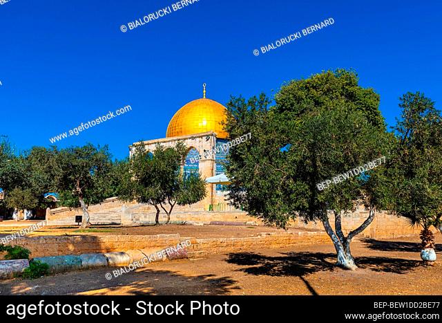 Jerusalem, Israel - October 12, 2017: Temple Mount with Dome of the Rock Islamic monument shrine and historic gateway arches in Jerusalem Old City