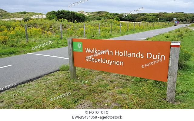 info sign at the path through dune landscape of the Dutch North Sea coast, Coepelduynen, Netherlands, Nordwijk