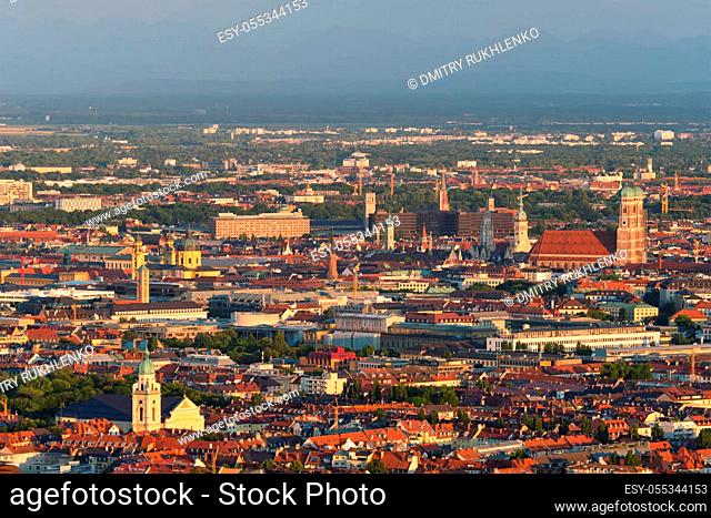 Aerial view of Munich center from Olympiaturm (Olympic Tower) on sunset. Munich, Bavaria, Germany