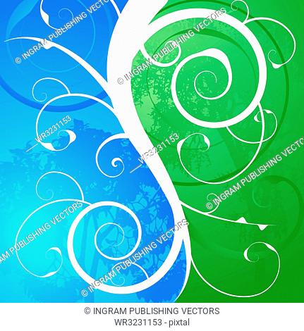 Illustrated natural abstract background in blue and green with a floral design