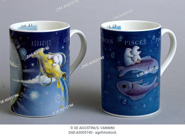 Zodiac mugs, Aquarius and Pisces, Rob Scotton series, ceramic, Portmeirion Potteries manufacture, Stoke-on-Trent, England, 20th century