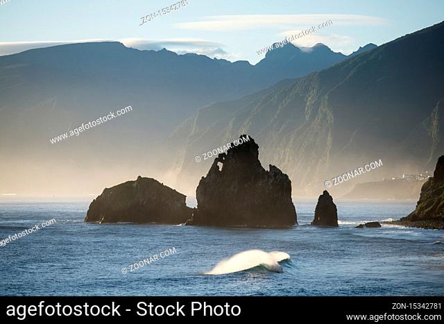 the Landscape on the coast betwen the Town Porto Moniz and Ribeira da janela on the Island of Madeira in the Atlantic Ocean of Portugal