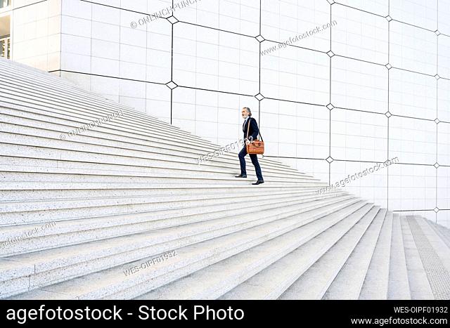 Businessman with bag moving up on steps