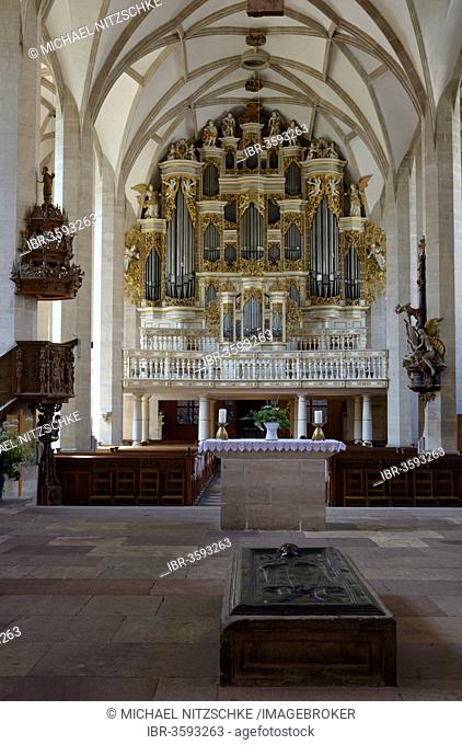 Organ and tomb slab in Merseburg Cathedral, Merseburg, Saxony-Anhalt, Germany