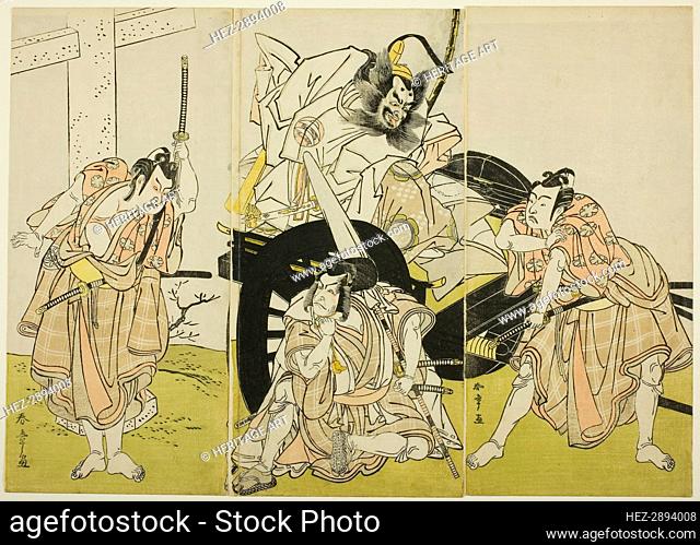 The Actors Nakajima Mihoemon II as Fujiwara no Shihei, Minister of the Left (center, in.., c. 1776. Creator: Shunsho