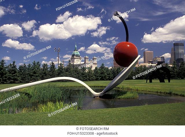 Minneapolis, spoon, cherry, Twin Cities, Minnesota, Spoonbridge and Cherry Sculpture in the Minneapolis Sculpture Garden at the Walker Art Center with a view of...