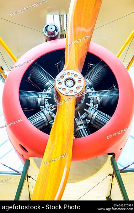 UK Ironbridge March 3 2016 Vintage Aircraft Propeller inside an aircraft hanger