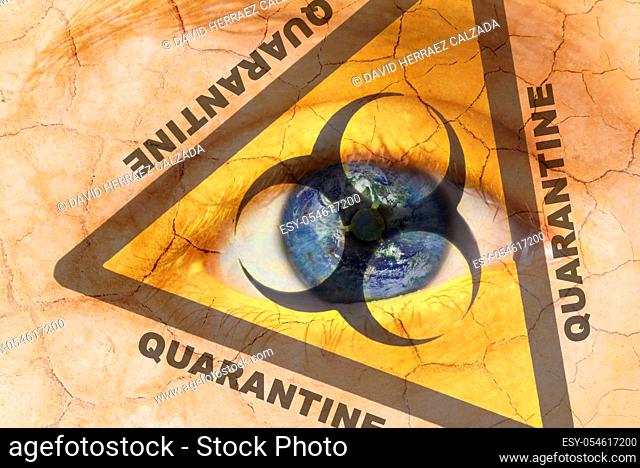 Coronavirus global Pandemic outbreak and quarantine concept. Creative composite of cracked woman skin with biohazard symbol, with the text Quarantane