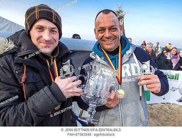 Patrick Lehmann (R) and Robert Ninas (L) win the 20m sprint at the 'Beach Chair Sprint World Cup' in Zinnowitz, Germany, 28 January 2017