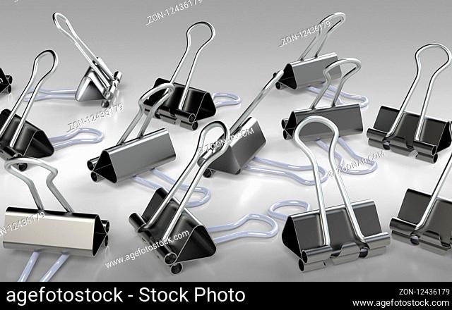 Several binder clips placed on the grey background. 3D rendering